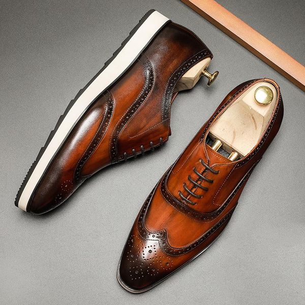 

dress shoes men genuine wingtip leather platform oxford pointed toe lace-up oxfords brogues wedding, Black