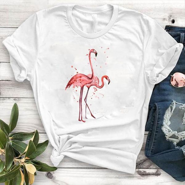 

flamingo printed short sleeve womens t shirt loose tee clothes graphic, White
