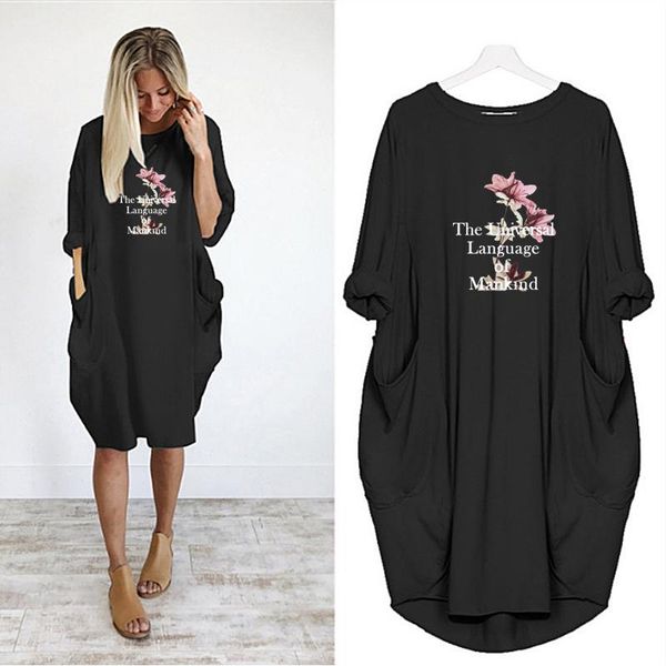 

woman dress flower letter printing ropa mujer pocket loose dresses vintage autumn clothes casual 5xl women plus size, Black;gray