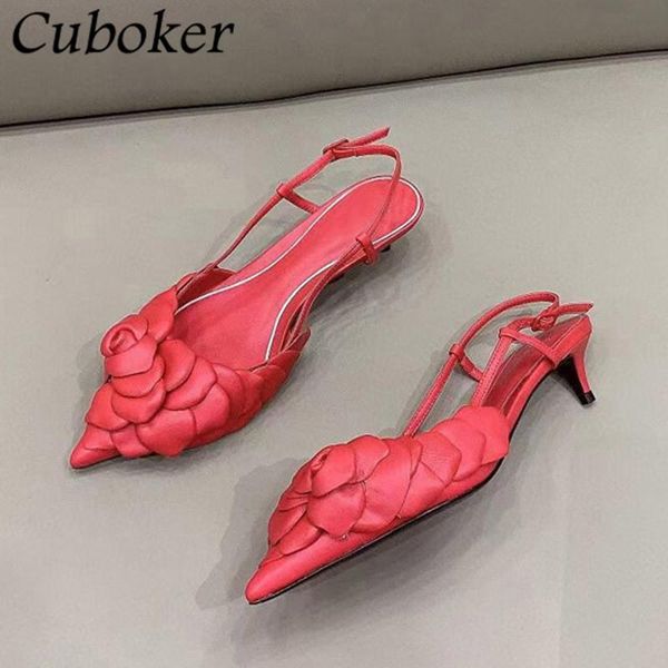 

sandals summer brand runway women flowers decor pointed toe ladies mules slingback kitten heel party dress shoes for mujer, Black