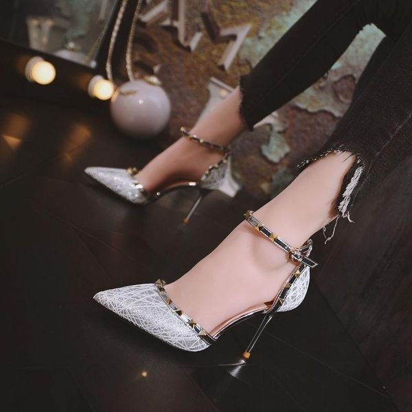 

dress shoes women's high heels silver fairy french stiletto heel 2021 korean version of wild net red one-word buckle pointed, Black