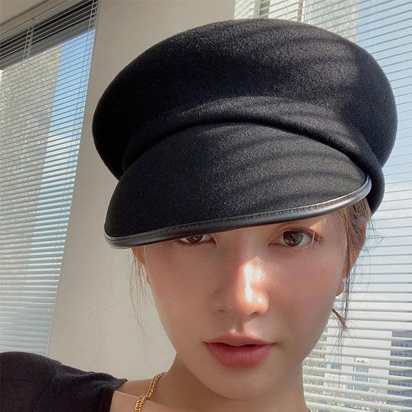 

stingy brim hats autumn and winter japanese woolen cloth retro casual slant bag peaked cap equestrian hat fashion felt, Blue;gray
