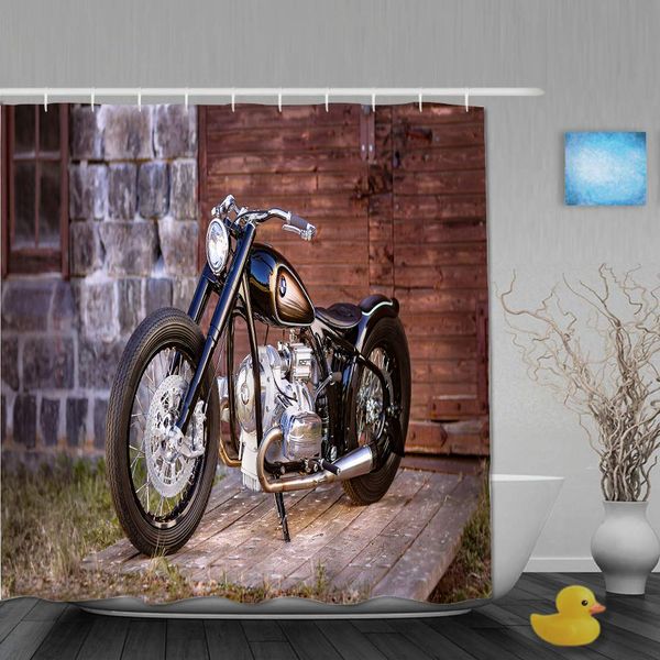 

Polyester Fabric Shower Curtain Set with 12 Plastic Hooks Decorative Bath Curtains,Motorcycle Stone Brick Wall Wooden Door Floor