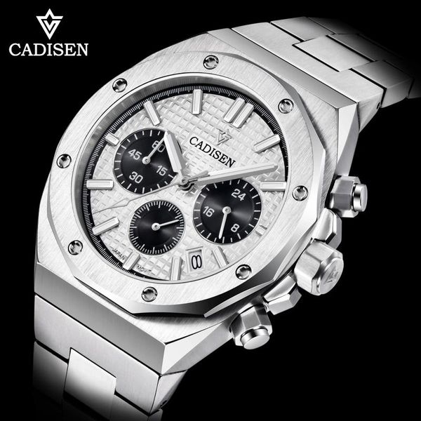 

wristwatches cadisen sapphire men's watch quartz vk63 304stainless 100m waterproof brand casual business, Slivery;brown