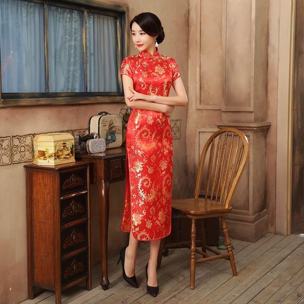 

ethnic clothing red classic slim dobby cheongsam high slit mandarin collar chinese dress women traditional short sleeve qipao oriental