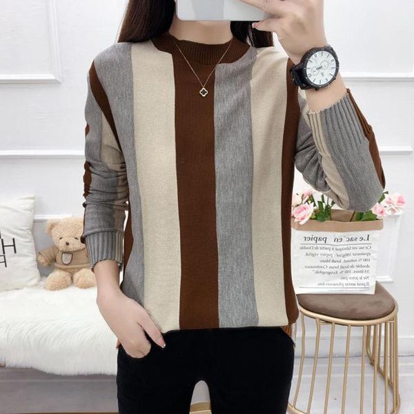 

round neck pullover sweater long sleeve vertical striped knitted women's stitching color female sweaters, White;black