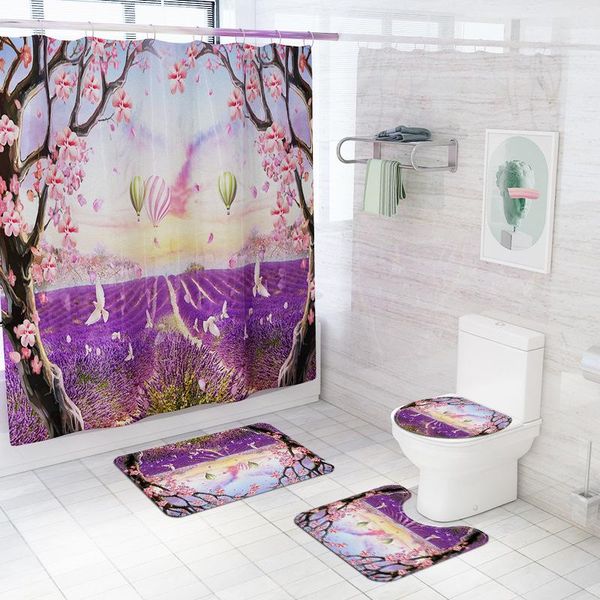 

cartoon landscape printing shower curtain and bath carpet rug set non-slip foot mat for bathroom absorbent u-shaped toilet mats