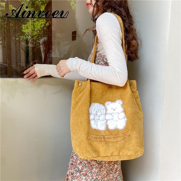 

ainvoev canvas handbag magnetic buckle shoulder bag school for students women bear embroidered corduroy cross body