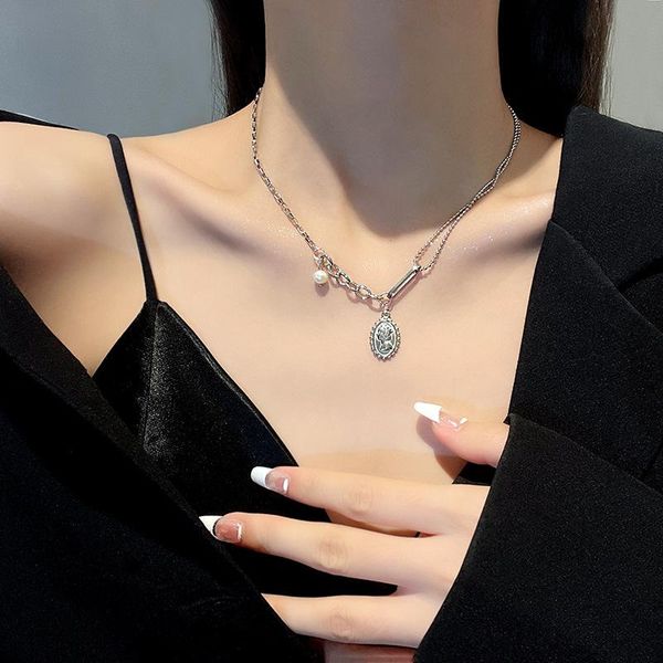

pendant necklaces fashion asymmetrical pearl head necklace for women metal titanium steel choker clavicle chain jewelry gift, Silver