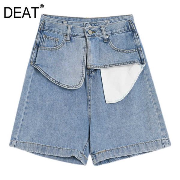 [Daat] mulheres verão moda largo perna calças cintura alta cor sólida temperamento irregular denim shorts 13q448 210527