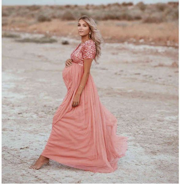 

formal women pregnants maternity pgraphy props short sleeve sequined solid dress lace elegant fashion maternity dresses g220309, White