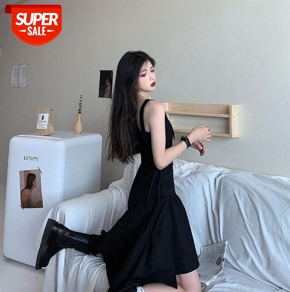 

new korean retro sleeveless sling black irregular dress women's hepburn style long skirt #fw42, Black;gray