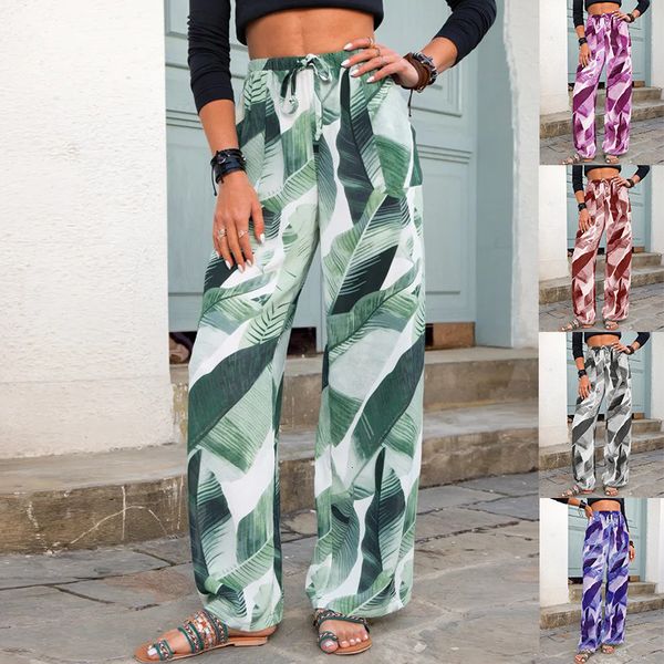 

2021 autumn pants women's green leaf printing loose wide leg casual women, Blue