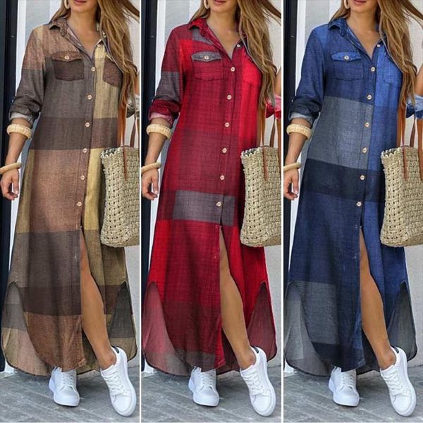 

autumn vintage long sleeves maxi womens dresses shirt fashion longue robe casual plaid vestidos plus size 5xl, Black;gray