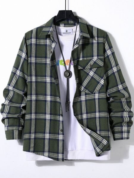 

men tartan print flap pocket shirt without tee m5w5#, White;black