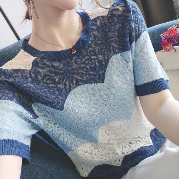 

women's blouses & shirts summer women short sleeve knit blouse pullover blusas mujer de moda 2021 o-neck knitted shirt e922, White