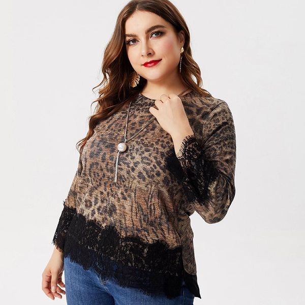 

plus size t-shirt 2021 autumn mom clothes women long sleeve leopard panel lace fashion ladies vintage elegant womens, Black