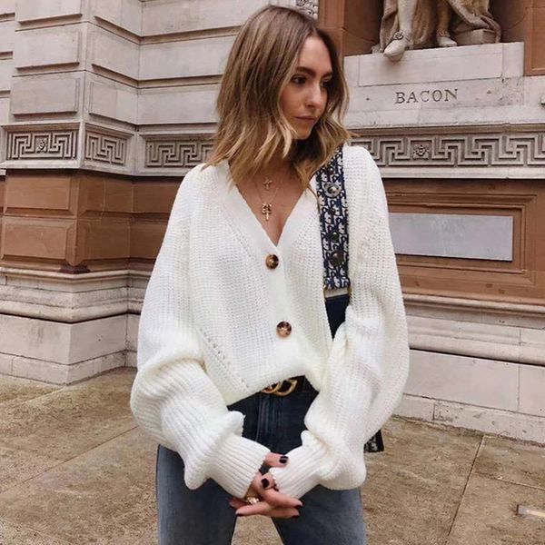 

women knitted cardigans sweater fashion autumn long sleeve loose coat casual button thick v neck solid female 2021, White;black