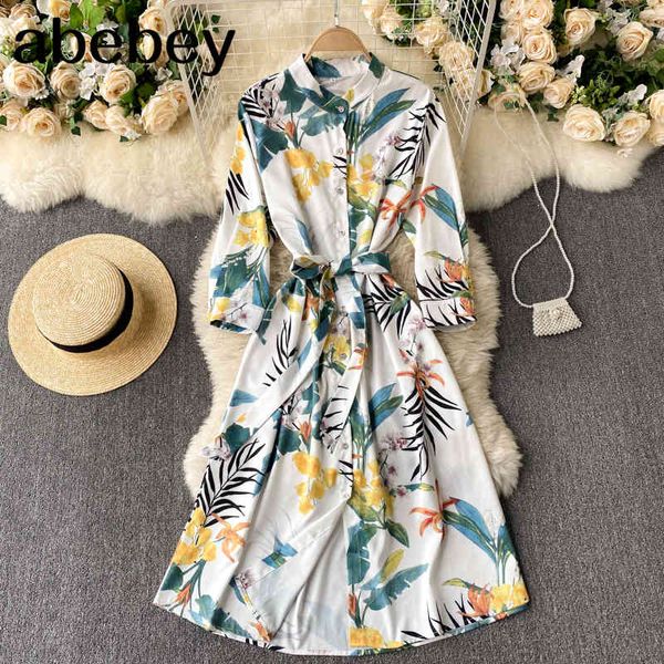 

women retro print dress fashion single-breasted long sleeve lace up a-line es autumn korean streetwear midi 210512, Black;gray