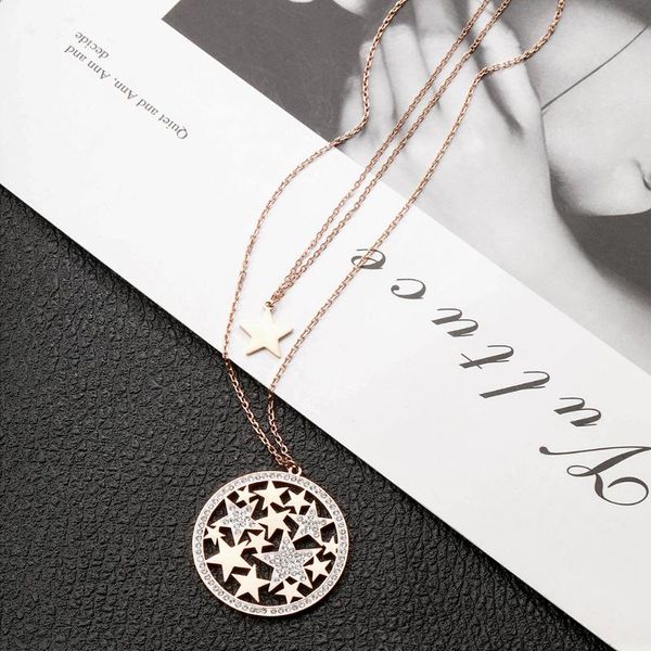 

pendant necklaces with double layer stars for women stainless steel rose gold clear crystal necklace women's fashion jewelry, Silver