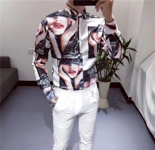 

design mens summer spring printed slim long sleeve shirts fashion personality flower lining casual groom dress men's, White;black