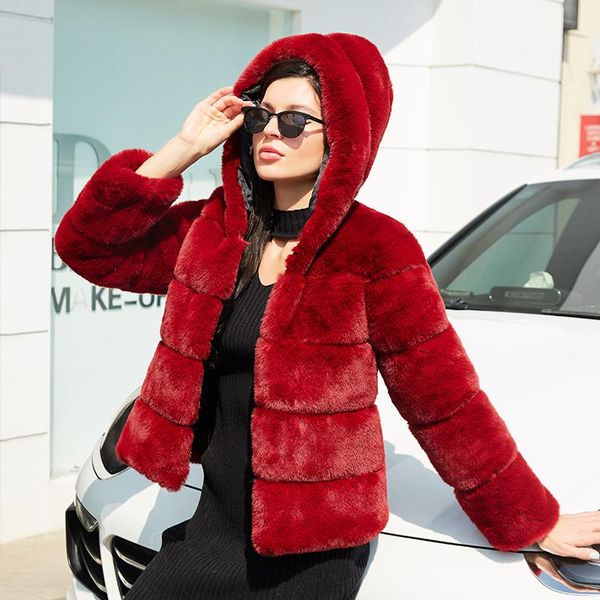 

women's fur & faux winter jacket women coat with hooded furry warm oversize fake female plush coats, Black