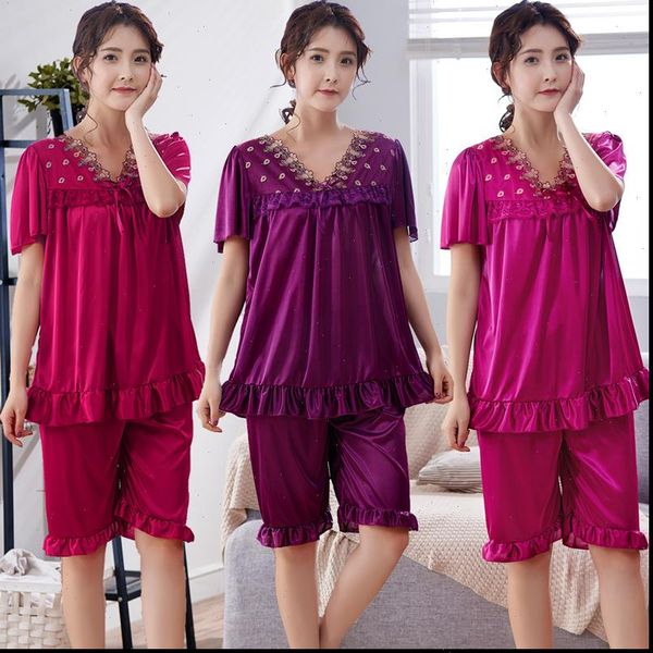

summer plus size ice womens sleepwears nightgown large short sleeve set and homewear pajamas, Black;red