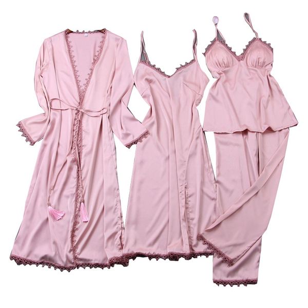 

4 pieces womens silk satin pajamas sets pyjamas set sleepwear pijama pajamas suit female sleep two piece set loungewear, Black;red
