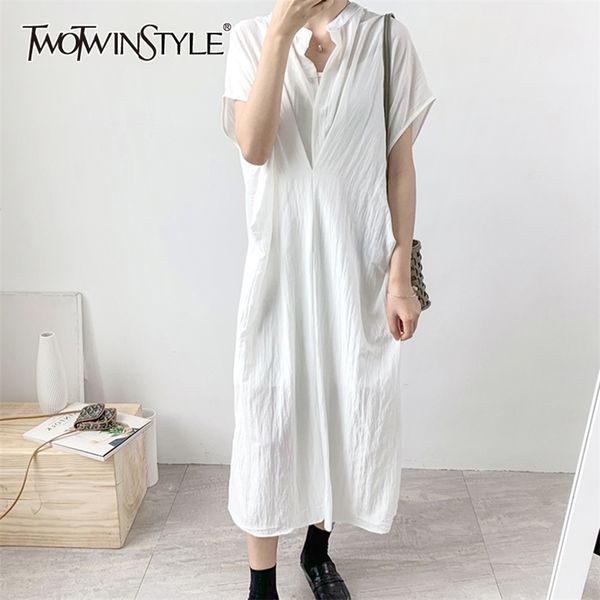 

loose black ruched dress for women stand collar short sleeve casual midi dresses female fashion clothing 210520, Black;gray