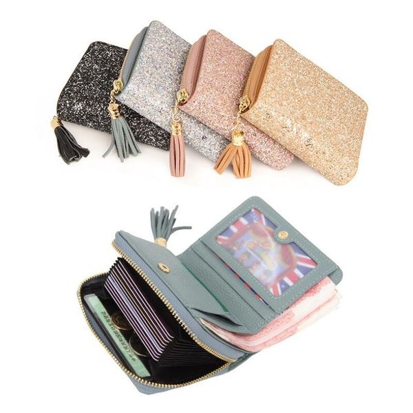 

card holders fringed sequin women holder wallets small female mini wallet zipper purse id bags, Brown;gray