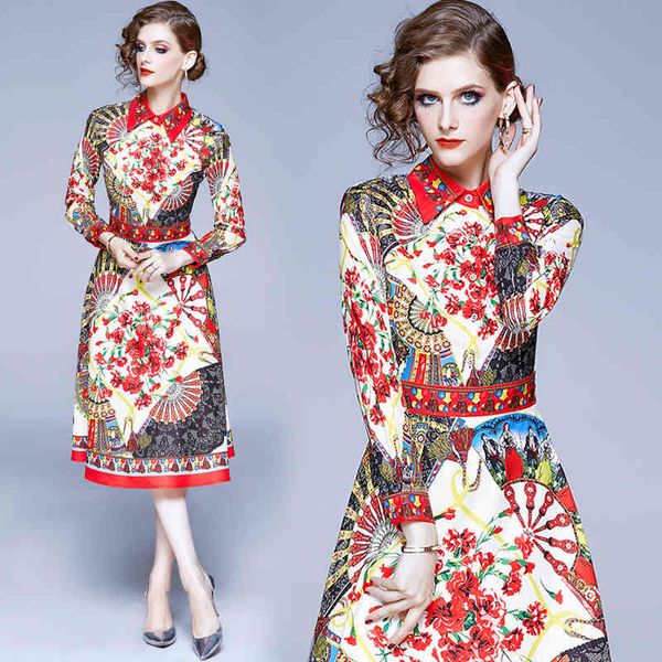 

boutique dress autumn and winter 2021 women's wear lapel print long sleeve a-line, Black;pink