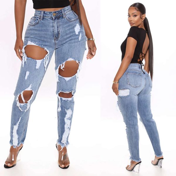 

direct purchase of with holes and thin denim pants, Blue