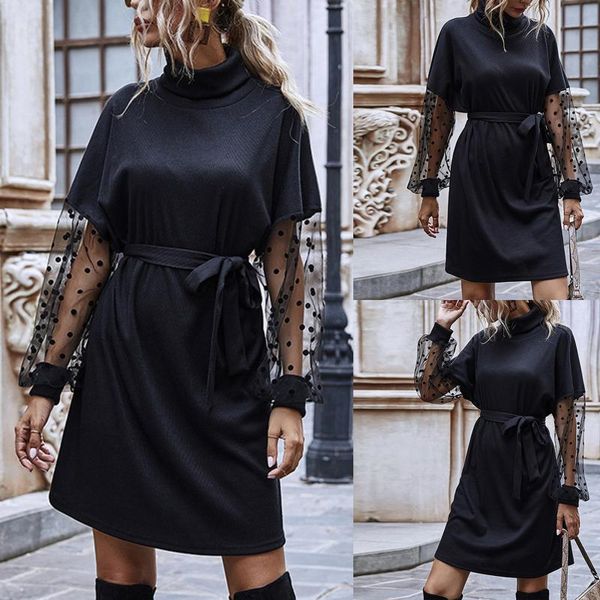 

casual dresses mesh polka dot dress long sleeve see through slim patchwork elegant autumn party club black, Black;gray
