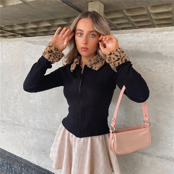 

leopard furry patched ribbed knit women's autumn y2k jackets with fur warm winter female long sleeve coat zip up outwear 210415, Black;brown