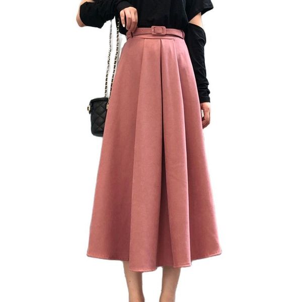 

casual dresses autumn winter a-line skirt women elegant office s fashion high waist female solid color sashes loose midi falda 2al, Black;gray