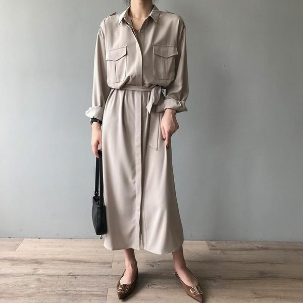 

casual dresses twicefanx pockets chic a-line spring long blouse dress women sleeve loose french female maix shirt 095g, Black;gray