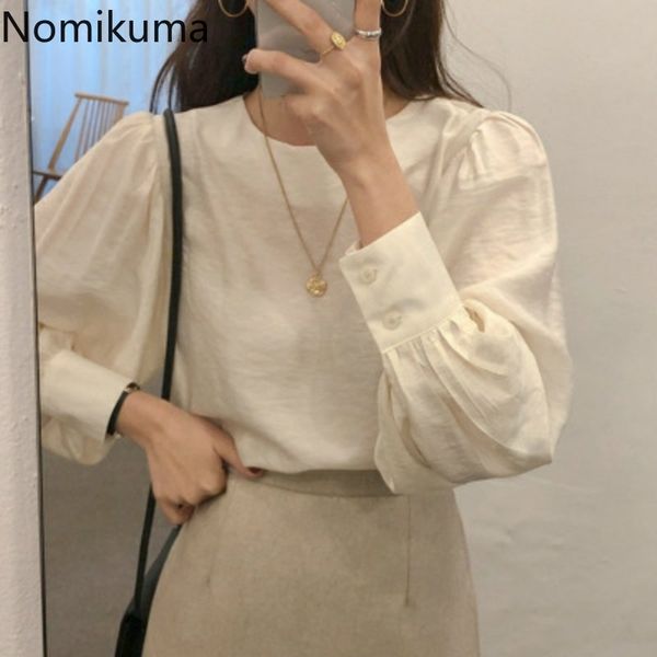 

nomikuma causal solid o-neck women pullover blouse korean puff long sleeve shirt spring new elegant blusas mujer 6e053 210427, White