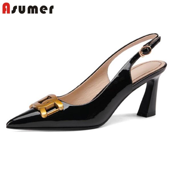 

asumer 2021 high heels single shoes women dress party metal decoration patent leather fashion pumps, Black