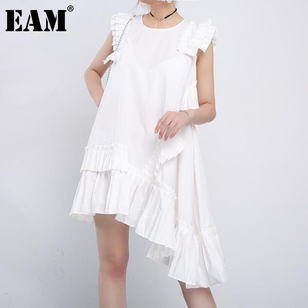 

casual dresses [eam] 2021 spring summer round neck sleeveless white irregular ruffles pleated stitch loose dress women fashion tide jx33800, Black;gray