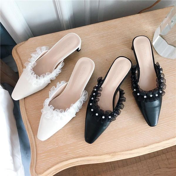 

pointed head with lotus lace pearl sweet wind baotou slippers female, Black