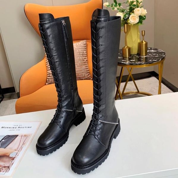 

boots winter genuine leather knee high woman platform cross-tied round toes sapato feminino, Black