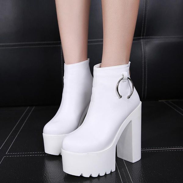 

dress shoes 14cm high heels korean style elegant metal side zipper thick heel boots nude autumn, Black