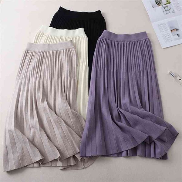 

hma new autumn and winter ladies high waist knitted skirts fashion a-line pleated sweater for women long mujer faldas 210412, Black