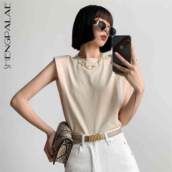 

minimalist apricot womne's summer round neck slim thin sleeveless shoulder pads t-shirt female tide 210427, White