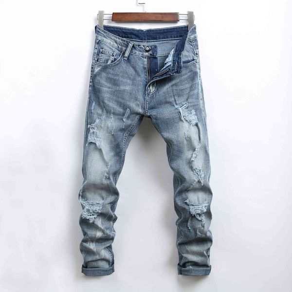 

2019 new mens jeans spring and summer time slim fit elastic waistline hole fashionable style jeans, Blue