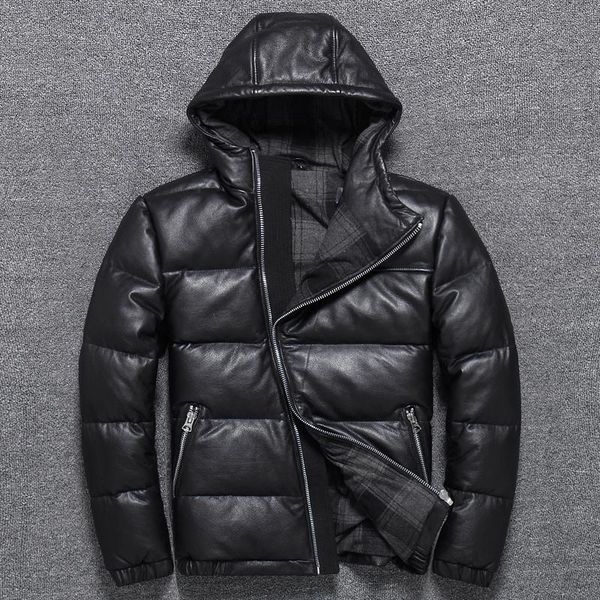 

men's leather & faux zvaqs cow men hooded head layer cowhide coats stylish jacket with thick cotton-padded fur coat, Black