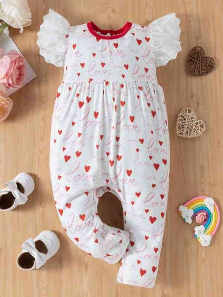 

baby heart & letter graphic ruffle trim eyelet embroidery jumpsuit she, Blue