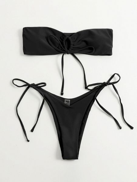 

self tie bandeau high cut bikini swimsuit 98ni#, White;black