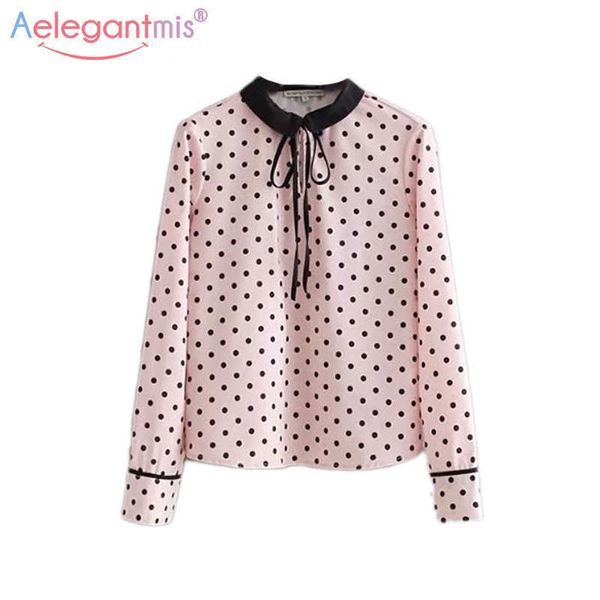 Aelegantmis Süße Polka Dot Chiffon Hemd Frauen Nette Schleife Peter Pan Kragen Blusen Weiblichen Frühling Langarm Rosa Tops 210607