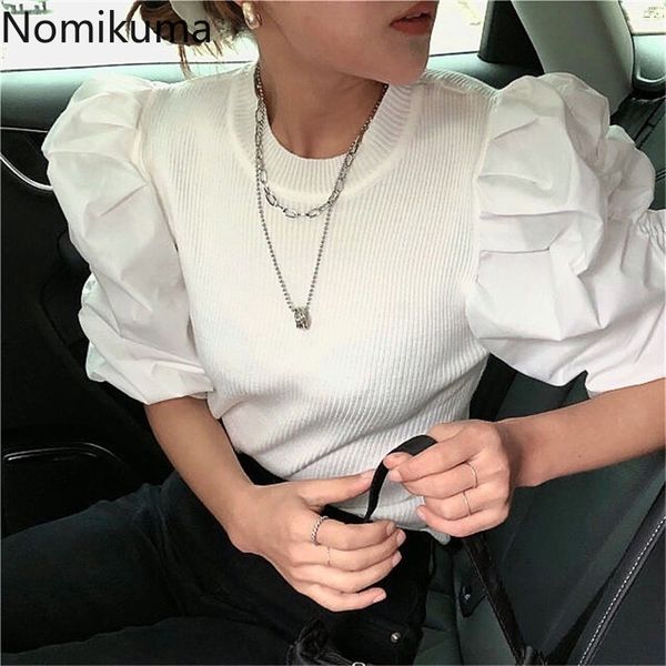 

nomikuma chic puff sleeve shirts women o neck knit patchwork elegant blouses korean style female blusas mujer 210514, White